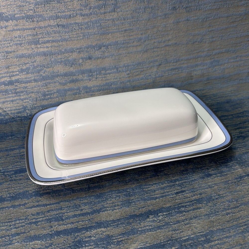VTG Noritake Sri Lanka 7982 Aegean Sky Butter Dish White Blue Platinum Trim